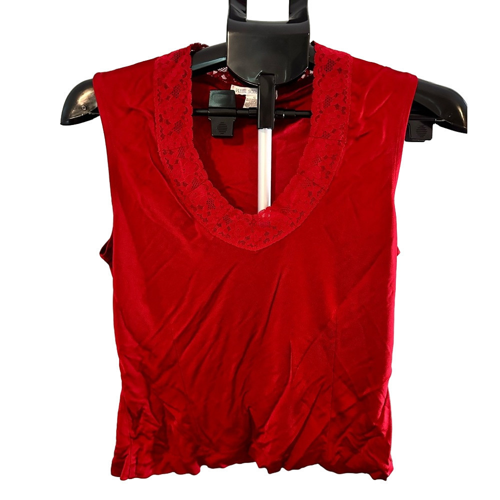 PETITE SOPHISTICATE RED LACE TRIM V NECK TANK TOP